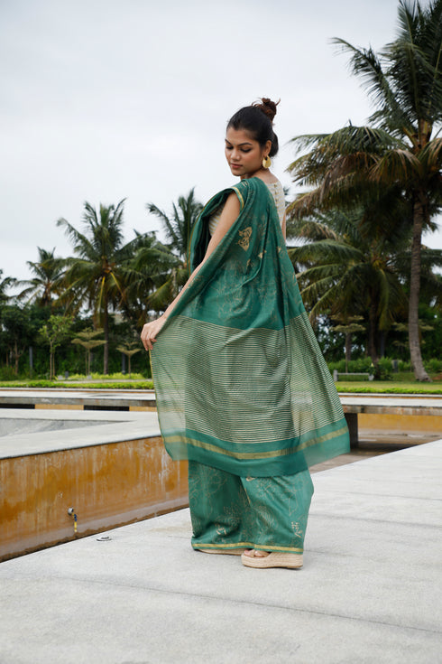 Handwoven Handprinted  Aquamarine Chanderi Saree